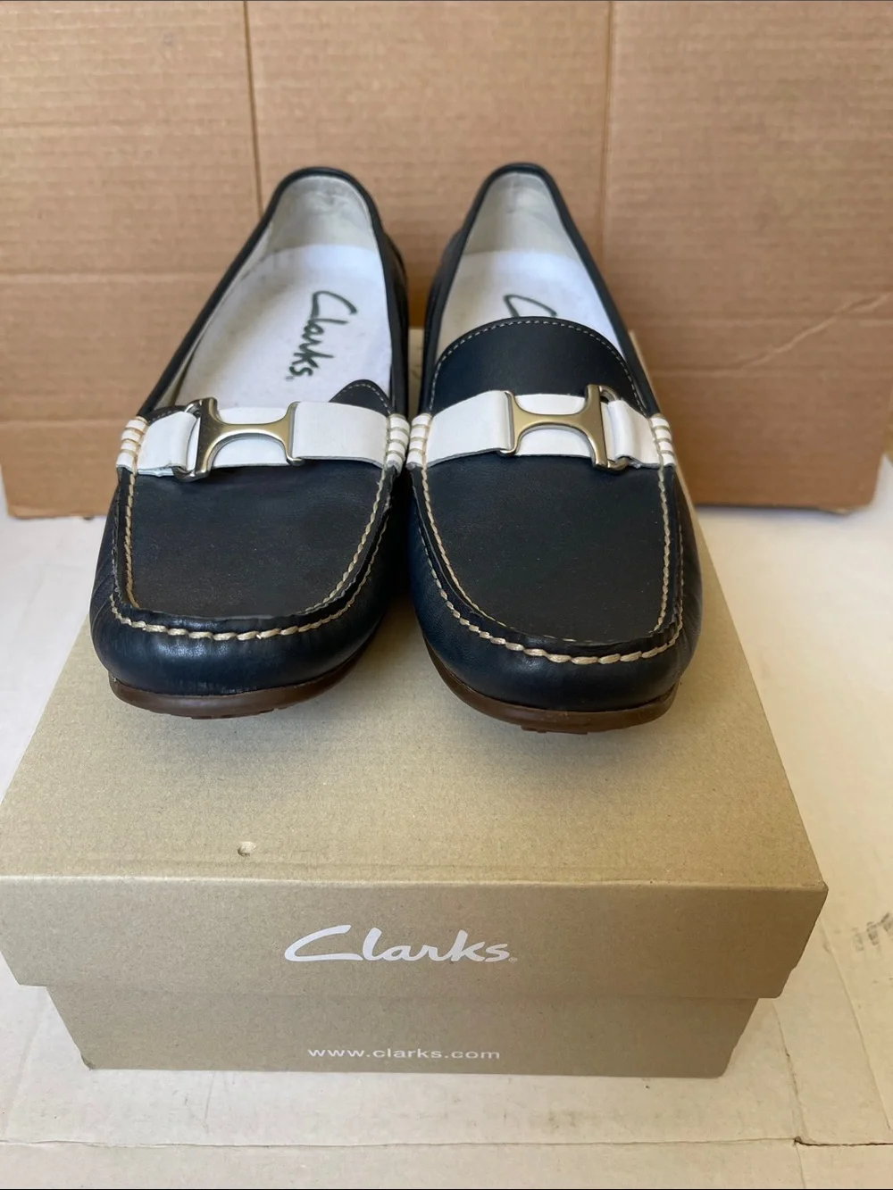 Clarks Navy Leather Loafers with White Strap and Silver Accent
